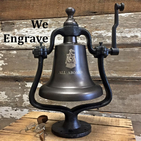 Large dark bronze finish solid brass and cast iron railroad bell with train logo and words "All Aboard" engraved on front