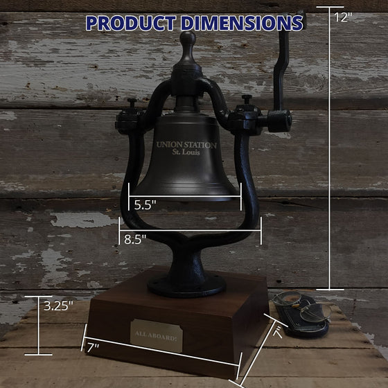 Graphic showing total height of deluxe medium railroad bell of 12 inches, width of 8.25 inches, bell diameter of 5.5 inches and base height of 3.25 inches