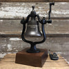 Medium dark bronze finish brass and cast iron railroad bell with optional engraving on a three inch tall walnut deluxe wood base