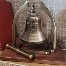  Antiqued finish solid brass 4 inch diameter desk bell on a wood base with striker and an optional logo engraving