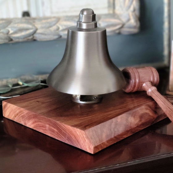 Medium antiqued brass stock market desk bell with wood base and wood mallet striker