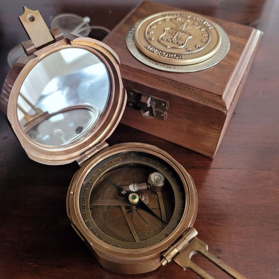 Brass working replica antiqued finish military compass with wood presentation box and personalized bronze United States Air Force medallion
