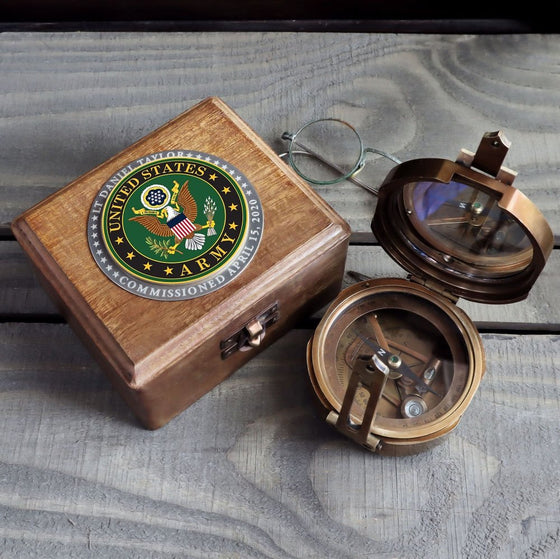 Antiqued brass working vintage military compass replica with wood display box featuring a hand enameled Army logo medallion and engraved text