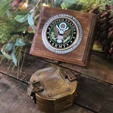  Antiqued brass working vintage military compass replica with wood display box featuring a hand enameled Army logo medallion and engraved text