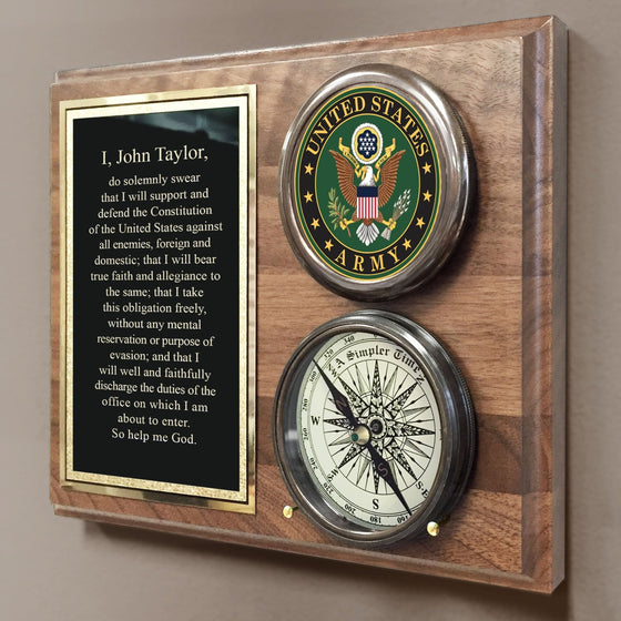 Wood plaque featuring engraved Army logo with a removeable three inch antiqued brass compass and pewter army logo medallion