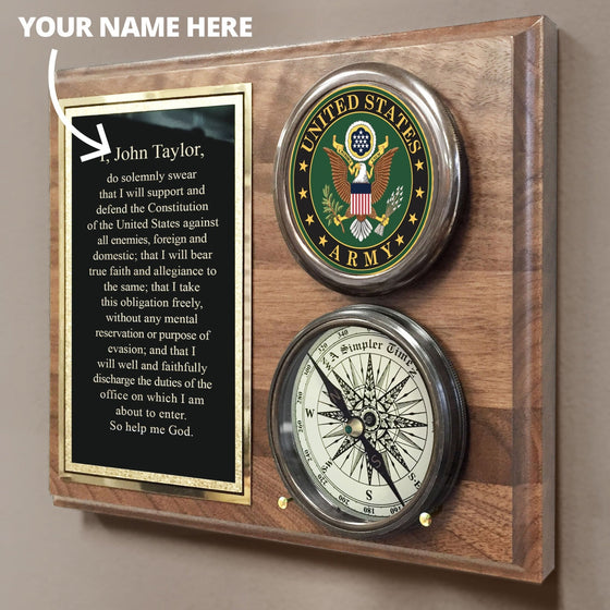 Wood plaque featuring engraved Army logo with a removeable three inch antiqued brass compass and pewter army logo medallion