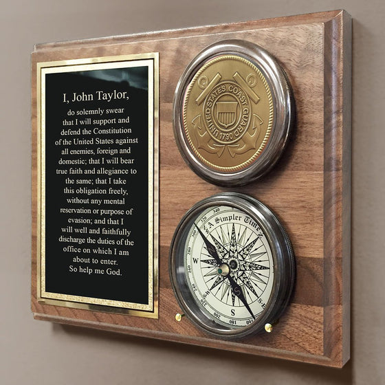 Coast Guard pewter medallion compass wood plaque with personalized engraved plaque featuring USCG oath