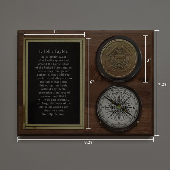 Dimensions of 7.25 inches high and 9.25 inches wide shown on Coast Guard pewter medallion compass wood plaque with personalized engraved plaque featuring USCG oath