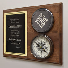  Wood plaque displaying working compass with optional business logo engraved on top lid and a large brass and black plate engraved with custom company inspirational saying