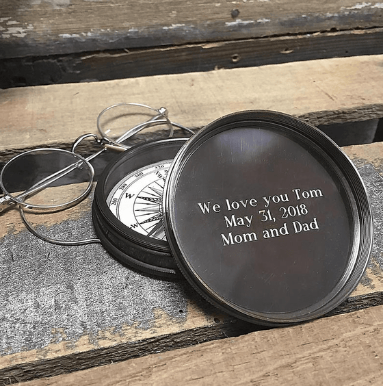 Optional text engraving on inside top lid of three inch diameter antiqued brass compass