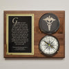 Walnut stained hardwood healthcare themed plaque displaying an open brass compass with an engraved medical cardecus and large black and brass plate engraved with customers custom text