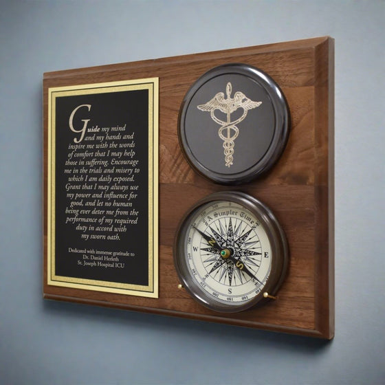 Walnut stained hardwood healthcare themed plaque displaying an open brass compass with an engraved medical cardecus and large black and brass plate engraved with customers custom text 