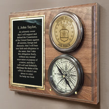  3 inch antiqued brass compass with United States Air Force logo medallion displayed on walnut stained wood plaque with custom engraved black and brass plate