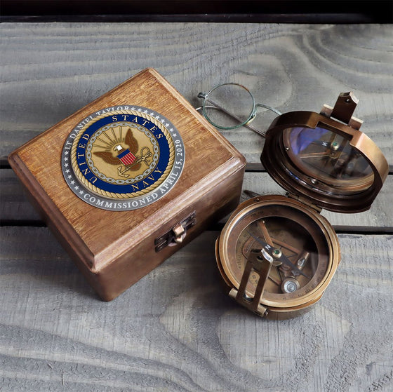 3 inch antiqued brass working military compass with wood display box featuring a hand enameled color US Navy logo and personalized custom engraving