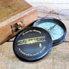 3 inch antiqued brass working compass with screw off lid featuring an engraved Wright Flyer with engraved inspirational aviation/flying quote
